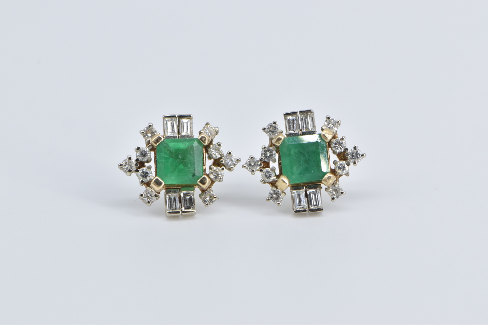 14K 2.30 Ctw Natural Emerald Diamond Vintage Stud Yellow Gold Earrings