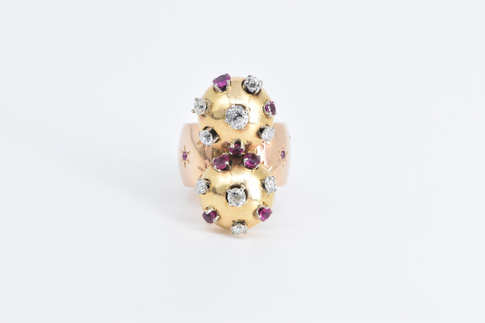 14K 2.35 Ctw Diamond Ruby Sputnik Artisanal Yellow Gold Ring, Size 8