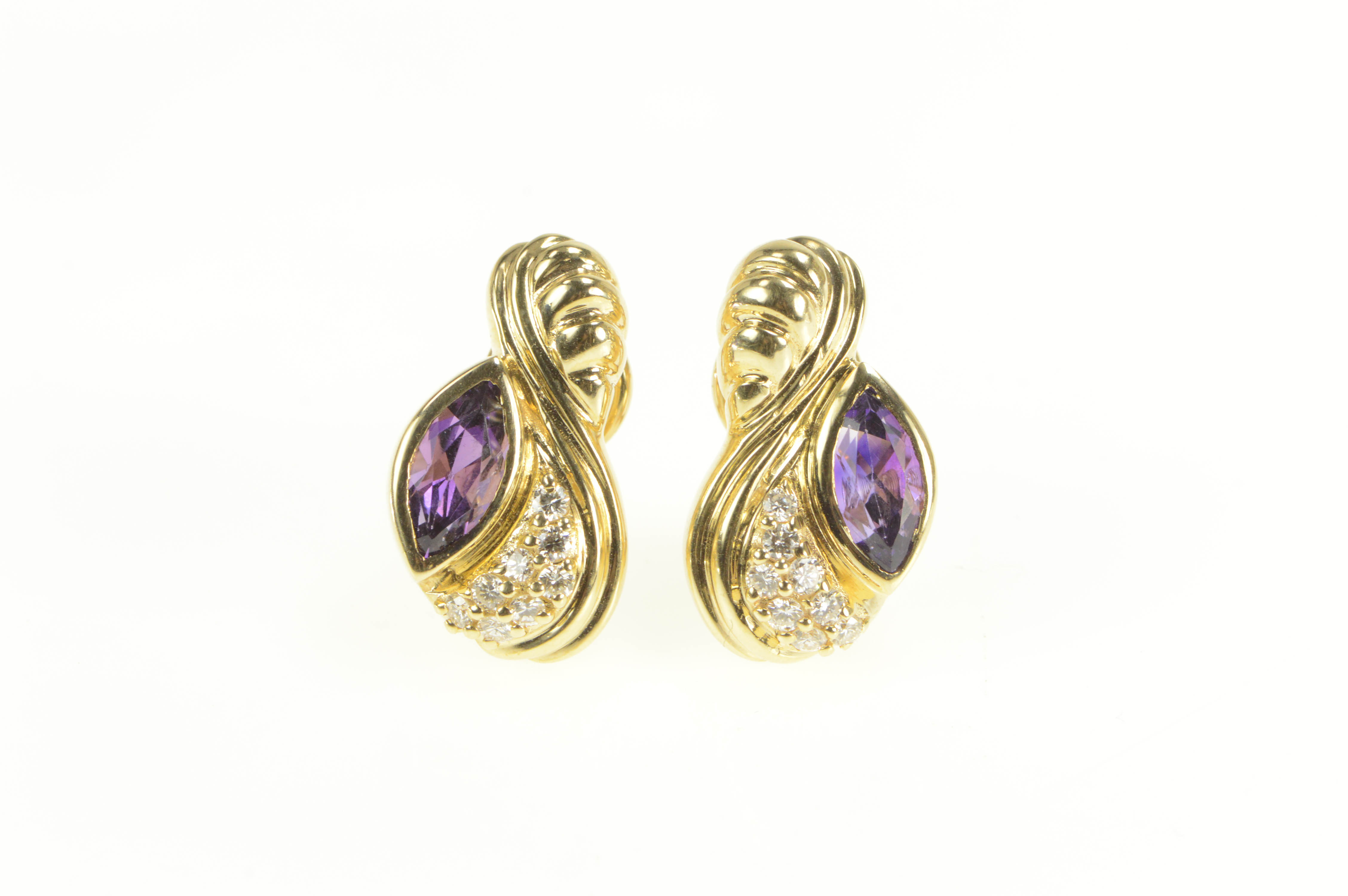 14K 2.48 Ctw Amethyst Diamond Grooved French Clip Yellow Gold Earrings