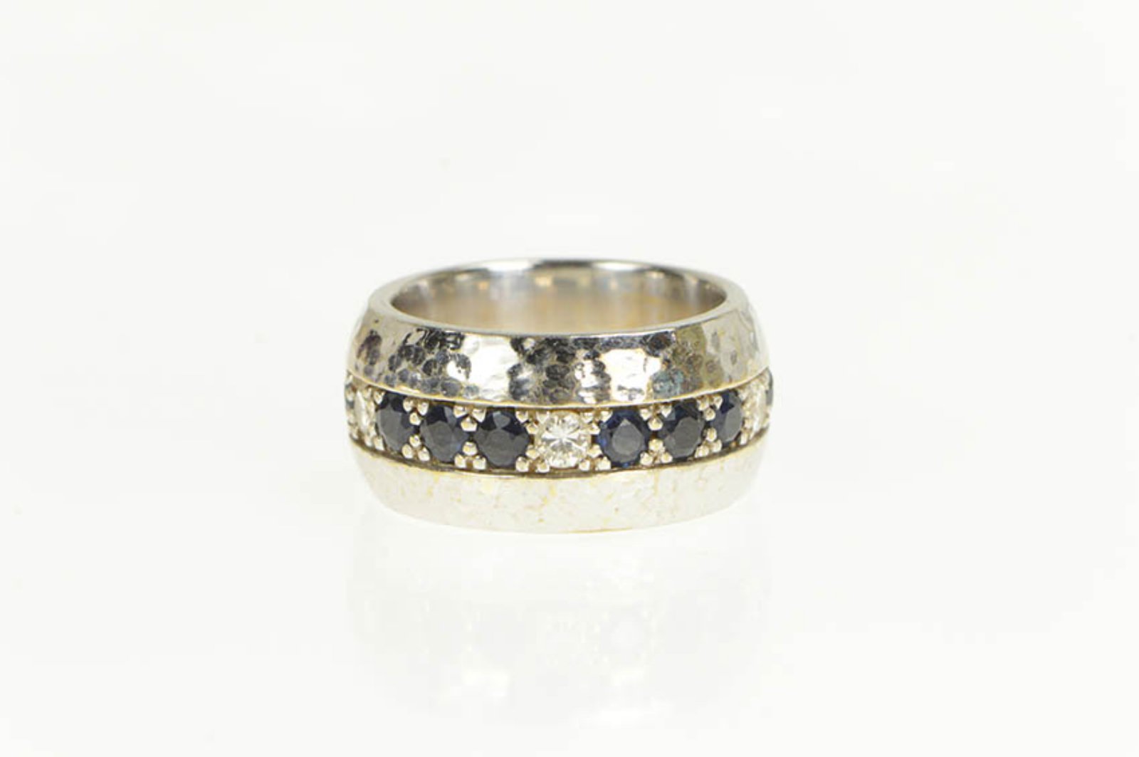 14K 2.55 Ctw Diamond Sapphire 11.4mm Band White Gold Ring, Size 7.75