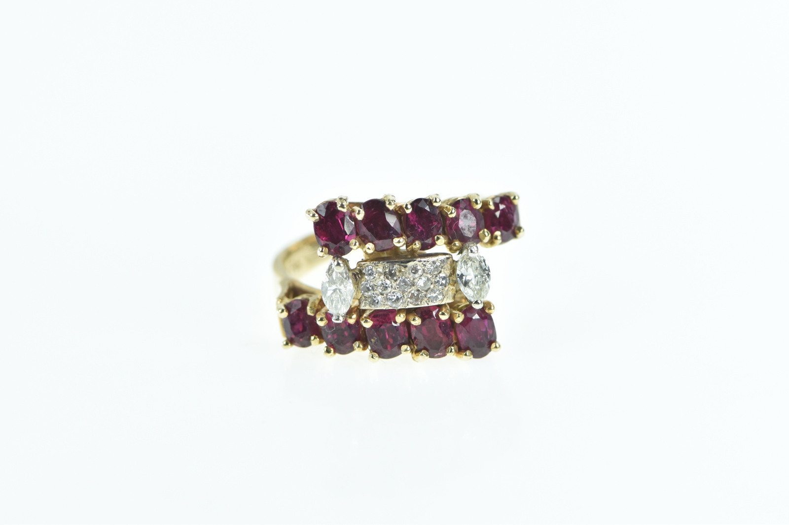14K 2.60 Ctw Ruby Diamond Ornate Bypass Yellow Gold Ring, Size 7.5
