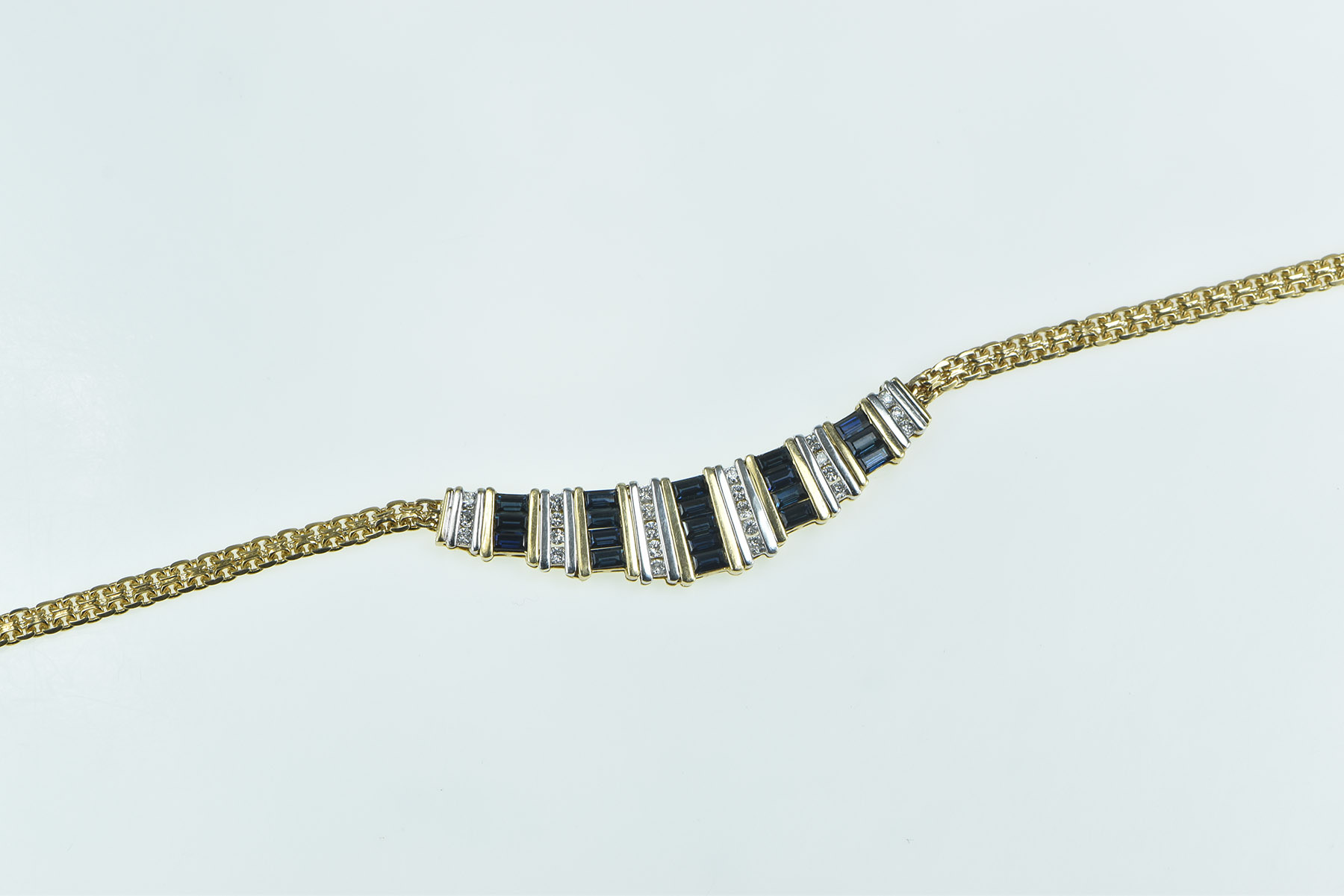 14K 3.00 Ctw Baguette Sapphire Diamond Chain Yellow Gold Necklace 17.75"