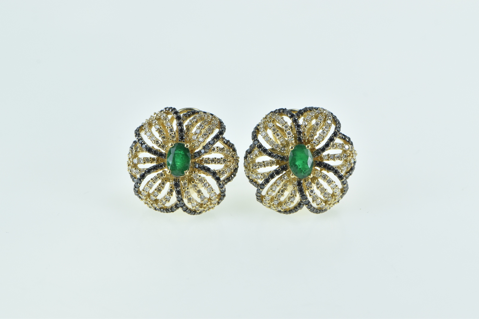 14K 3.07 Ctw Emerald Black White Diamond Flower Yellow Gold Earrings