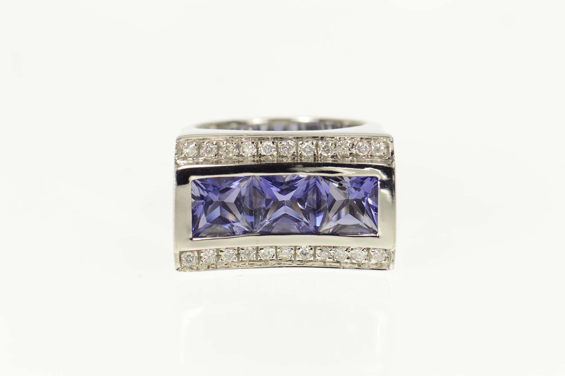 14K 3.16 Ctw Iolite Diamond Squared Curved White Gold Ring, Size 5.75
