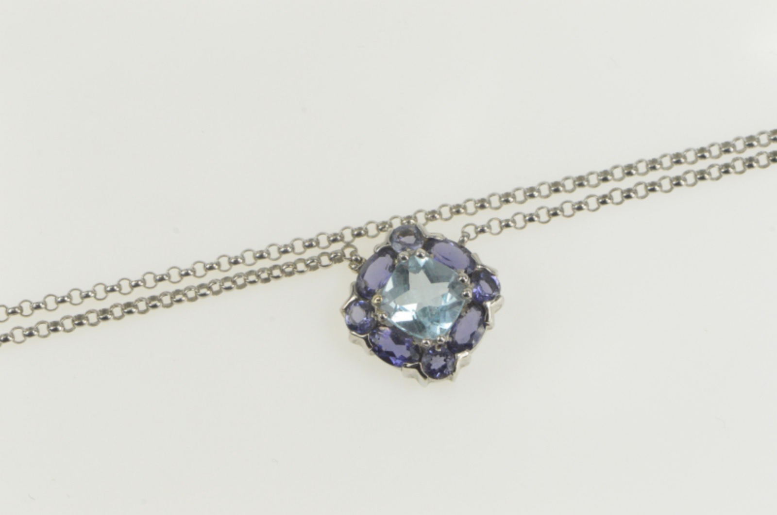 14K 3.30 Ctw Blue Topaz Iolite Squared Cluster White Gold Necklace 15.75"
