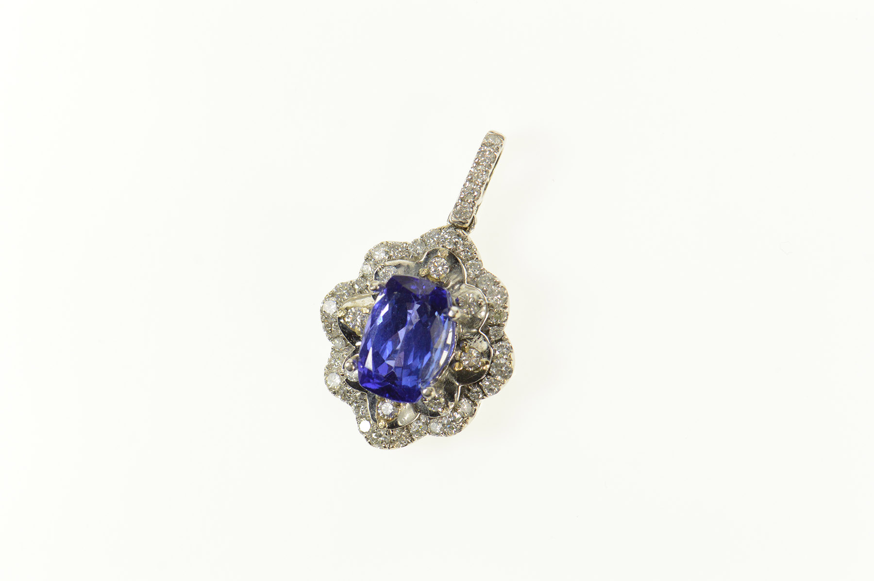 14K 3.31 Ctw Cushion Tanzanite Diamond Halo White Gold Pendant