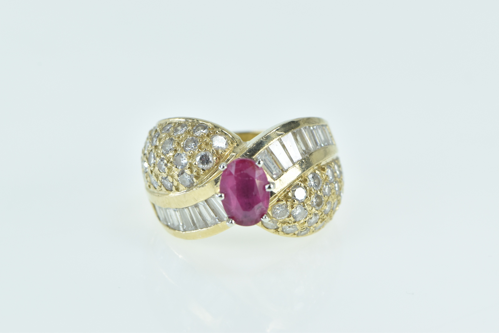 14K 3.34 Ctw Oval Ruby Diamond Encrusted Yellow Gold Ring, Size 7.25
