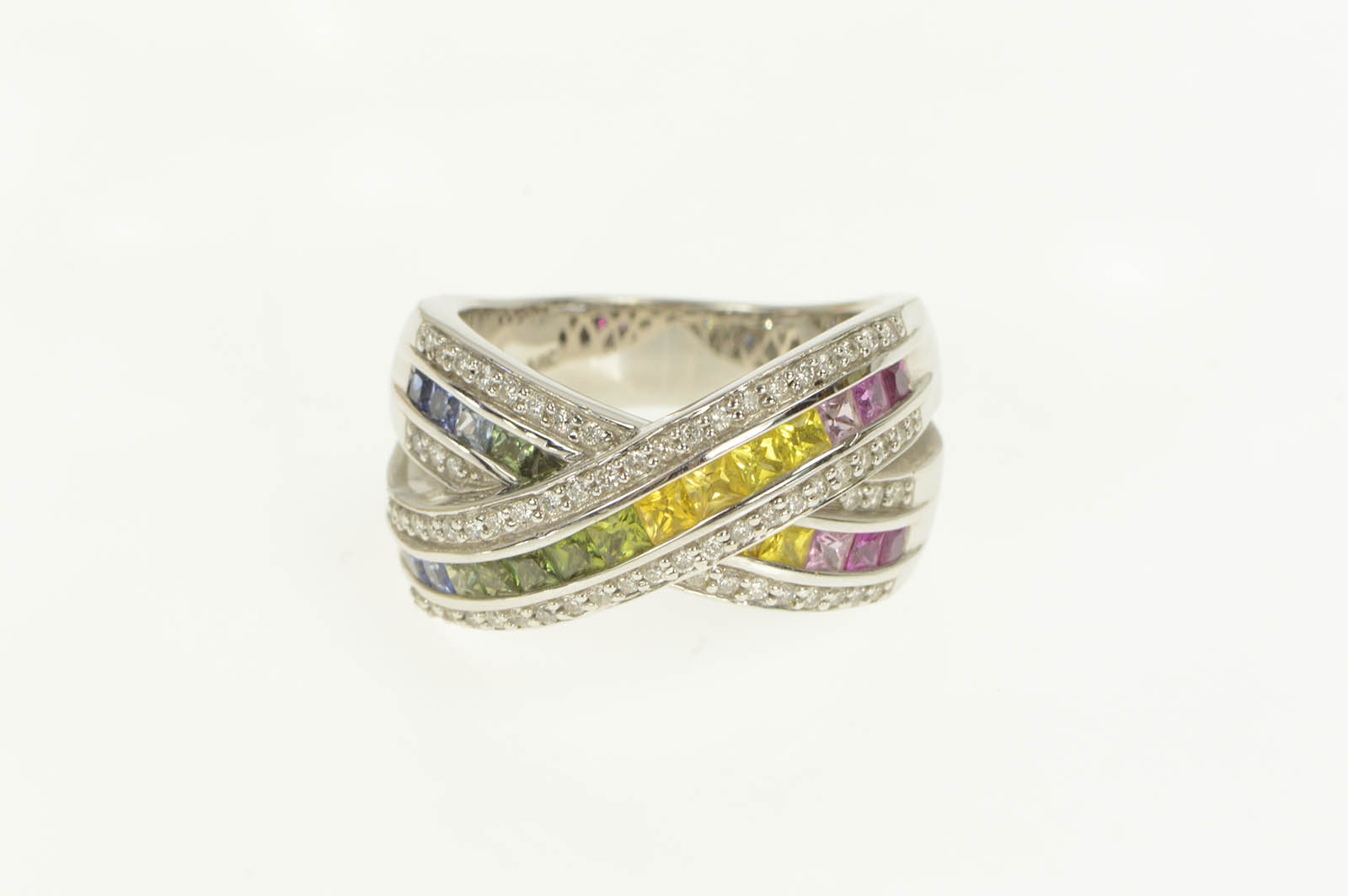 14K 3.35 Ctw Rainbow Sapphire Diamond X Men's White Gold Ring, Size 11