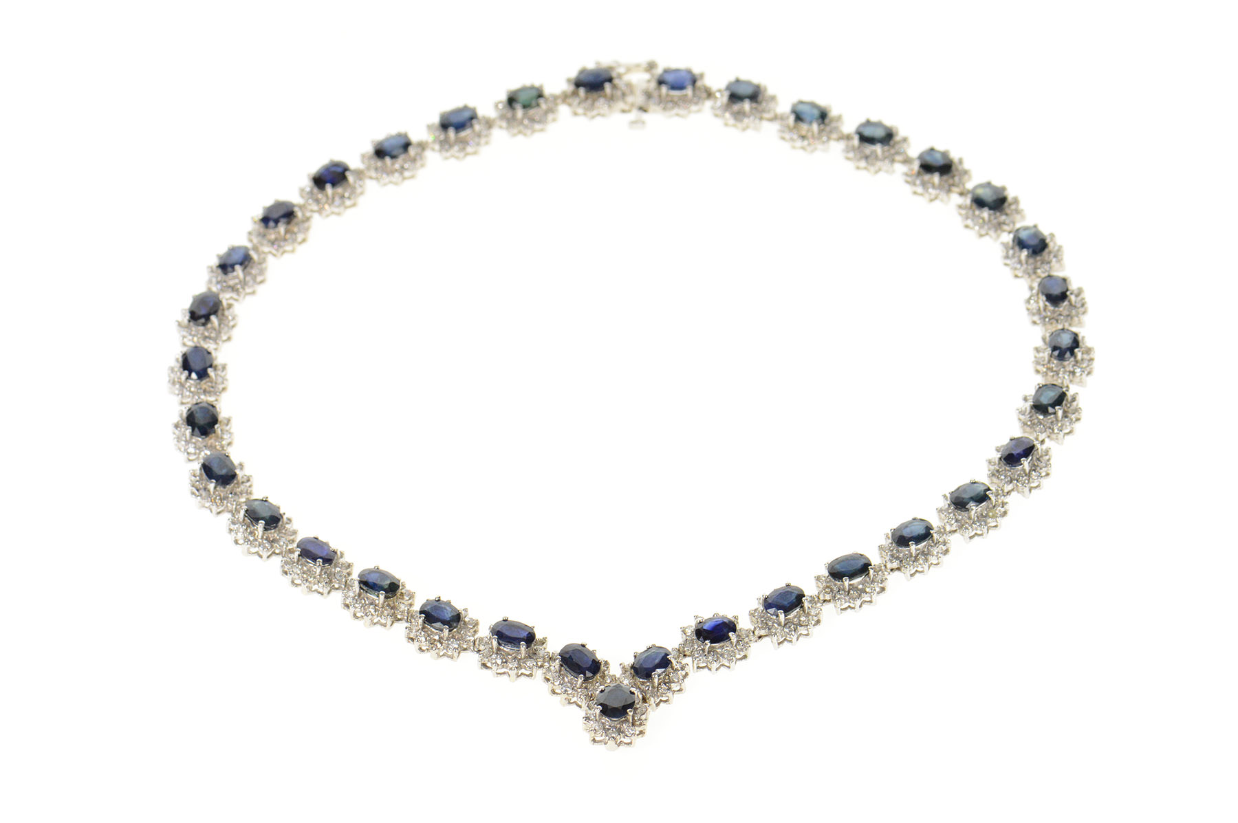 14K 36.12 Ctw Natural Sapphire Diamond Halo White Gold Necklace 16.25"