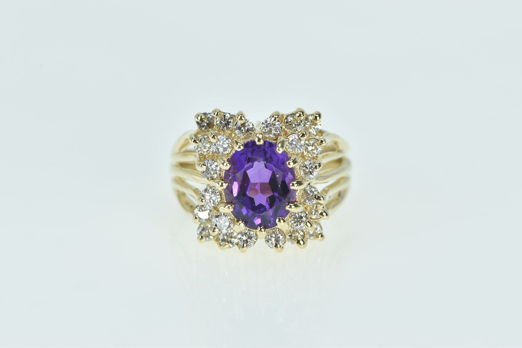 14K 3.80 Ctw Oval Amethyst Diamond Cluster Halo Yellow Gold Ring, Size 8.75