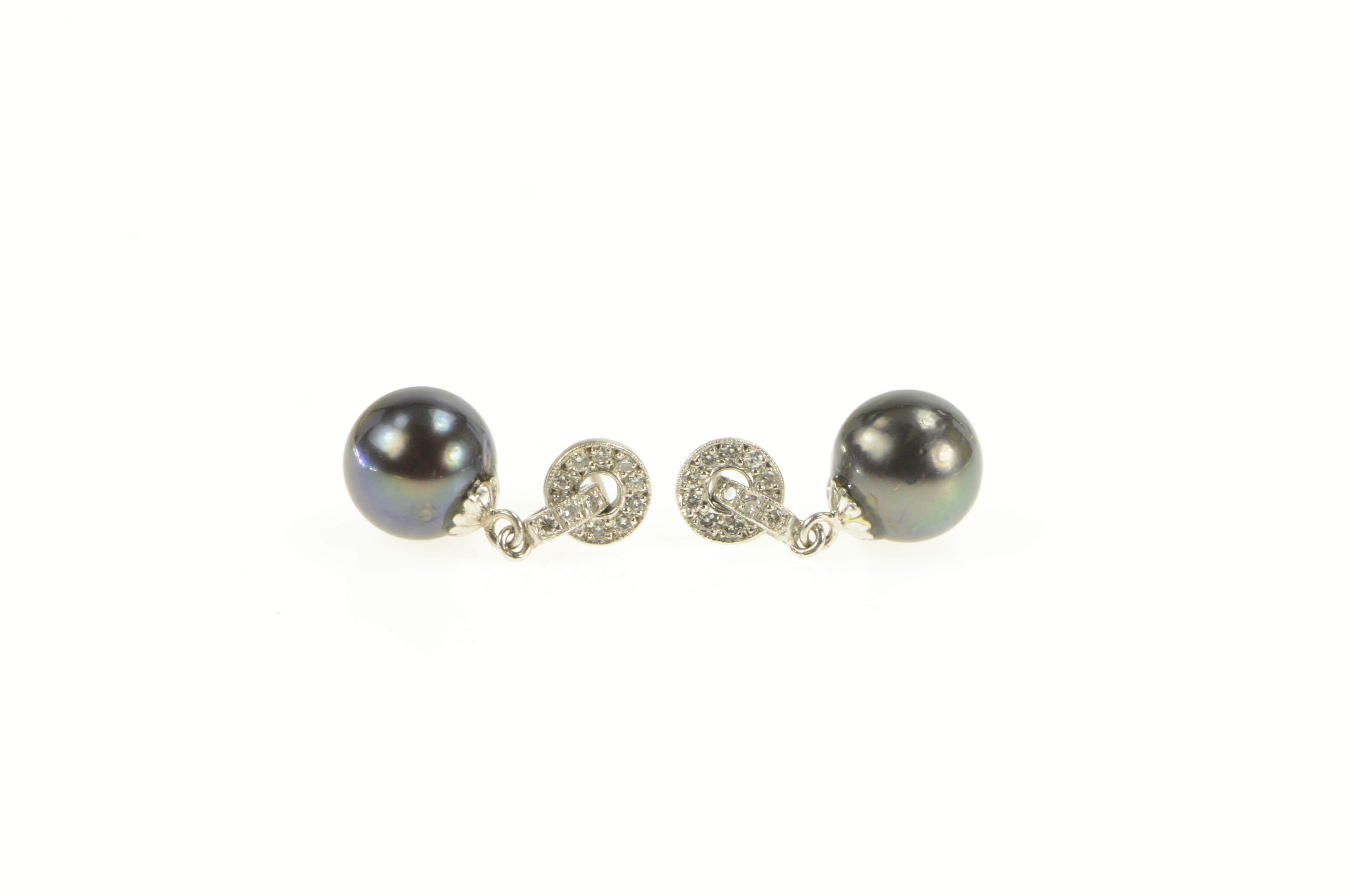 14K 5.6mm Round Black Pearl Diamond Dangle White Gold Earrings