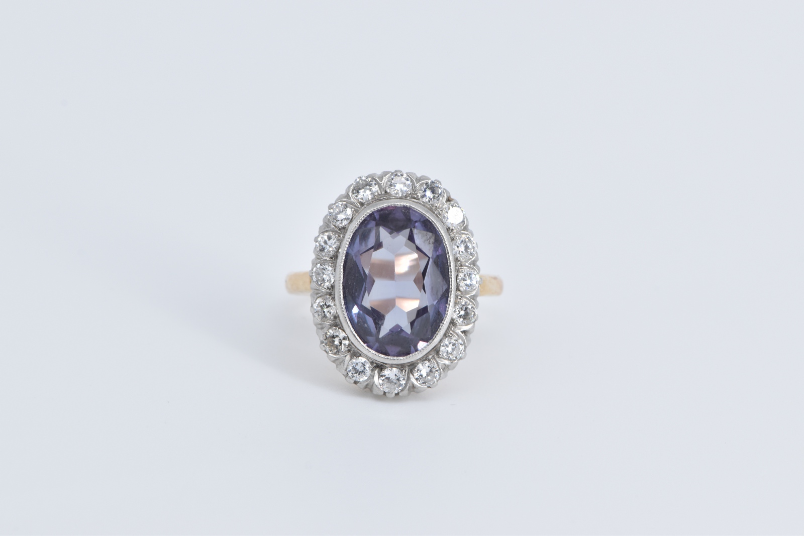 14K 5.75 Ctw Oval Syn Sapphire Diamond Halo Yellow Gold Ring, Size 6.25