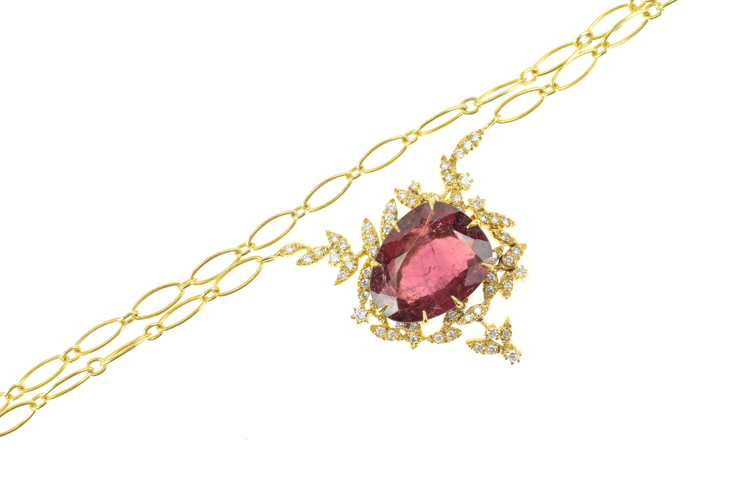 14K 7.90 Ctw Pink Tourmaline Diamond Floral Chain Yellow Gold Necklace 18"