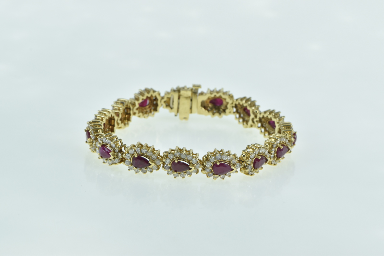 14K 9.90 Ctw Pear Ruby Diamond Halo Tennis Yellow Gold Bracelet 7"