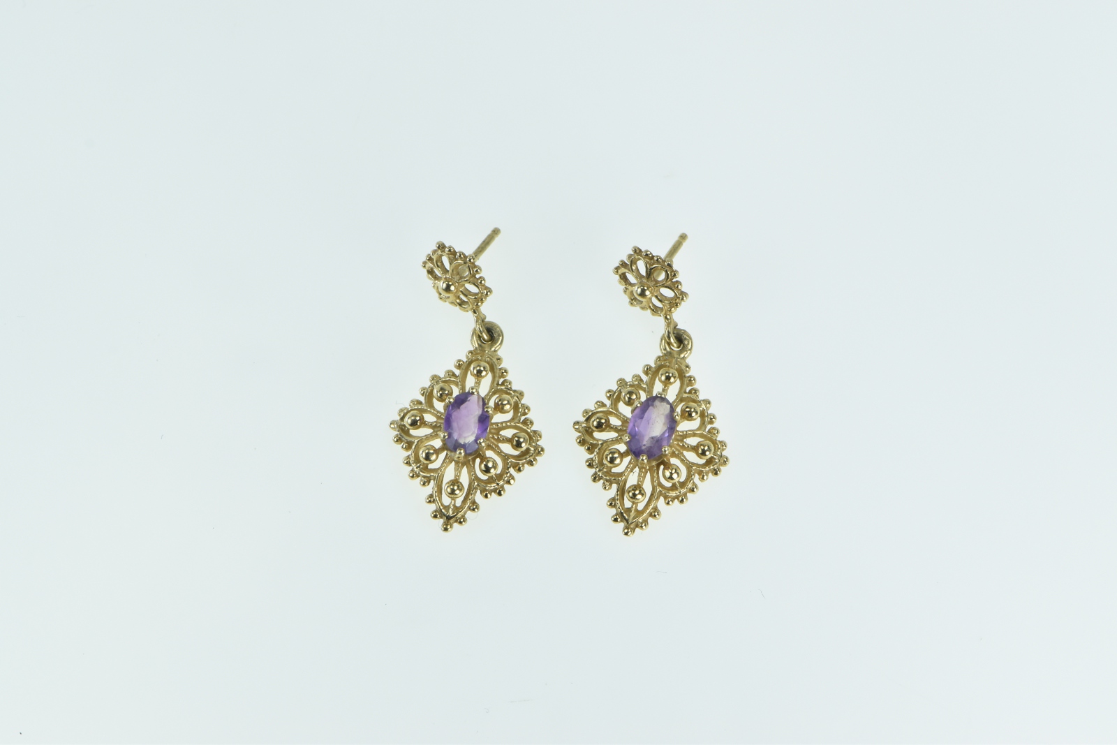 14K Amethyst Ornate Etruscan Revival Dangle Yellow Gold Earrings