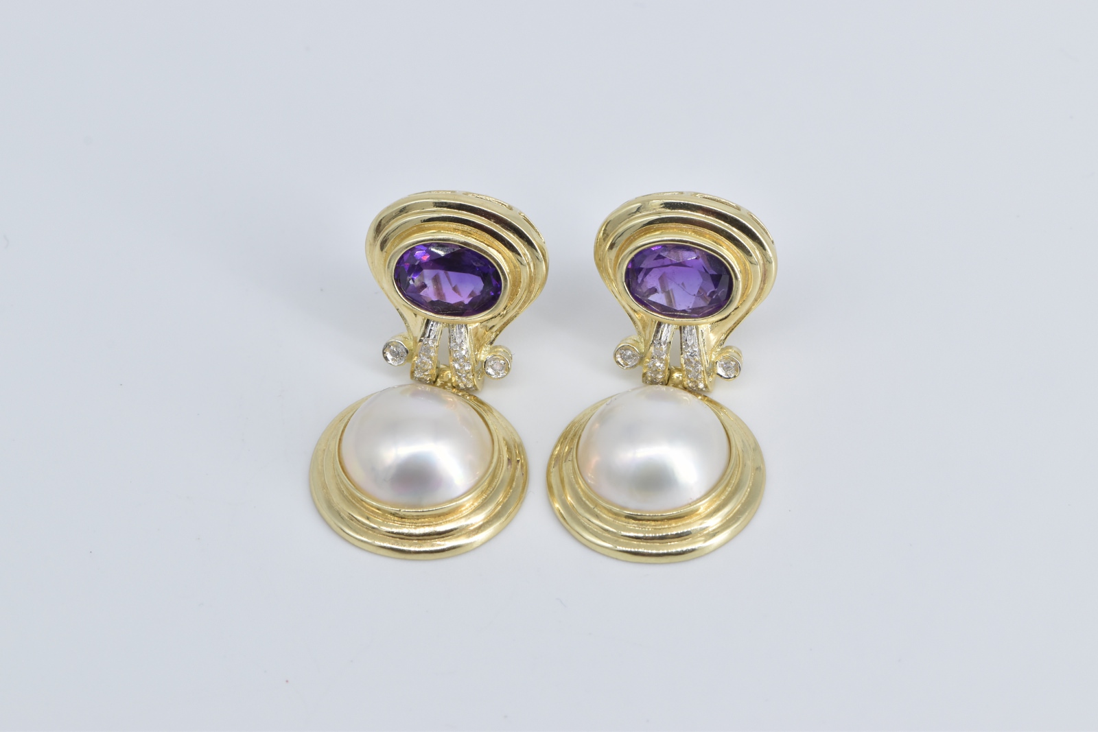 14K Amethyst Pearl Diamond Ornate French Clip Yellow Gold Earrings