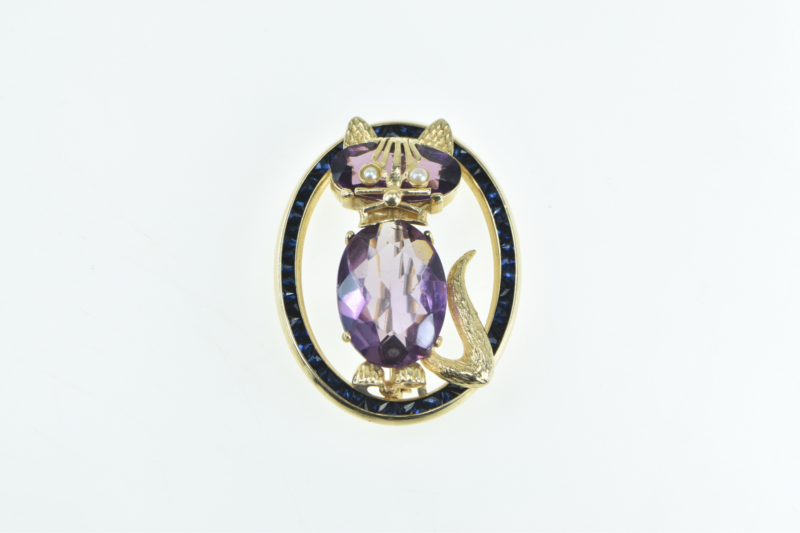14K Amethyst Seed Pearl Syn. Sapphire Cat Oval Yellow Gold Pin/Brooch