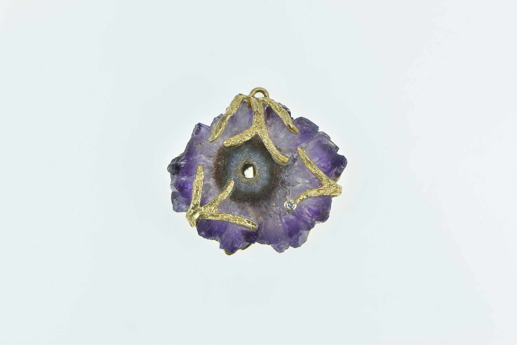 14K Amethyst Slice Geode Diamond Leaf Branch Yellow Gold Pendant