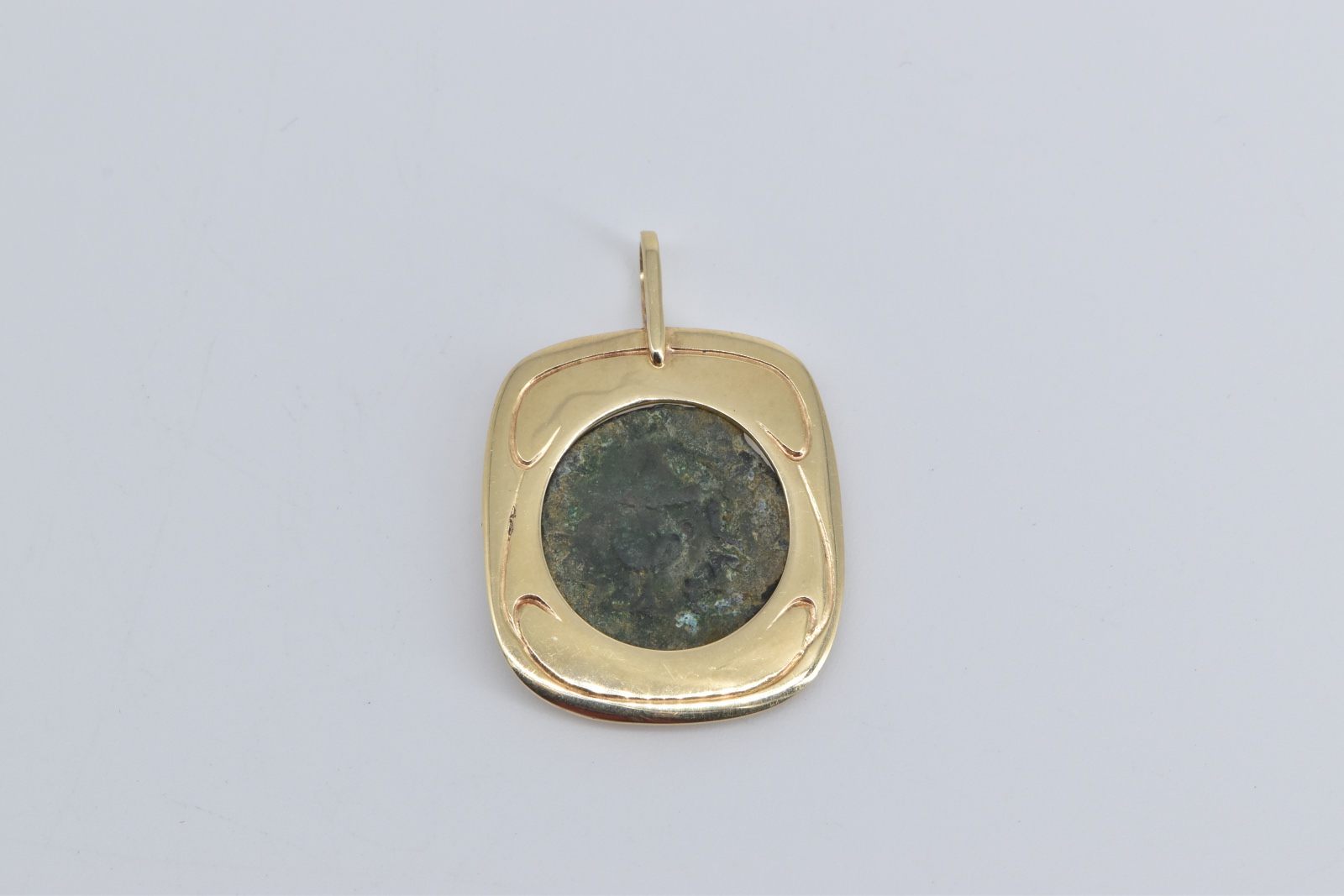 14K Ancient Coin Ornate Squared Statement Yellow Gold Pendant