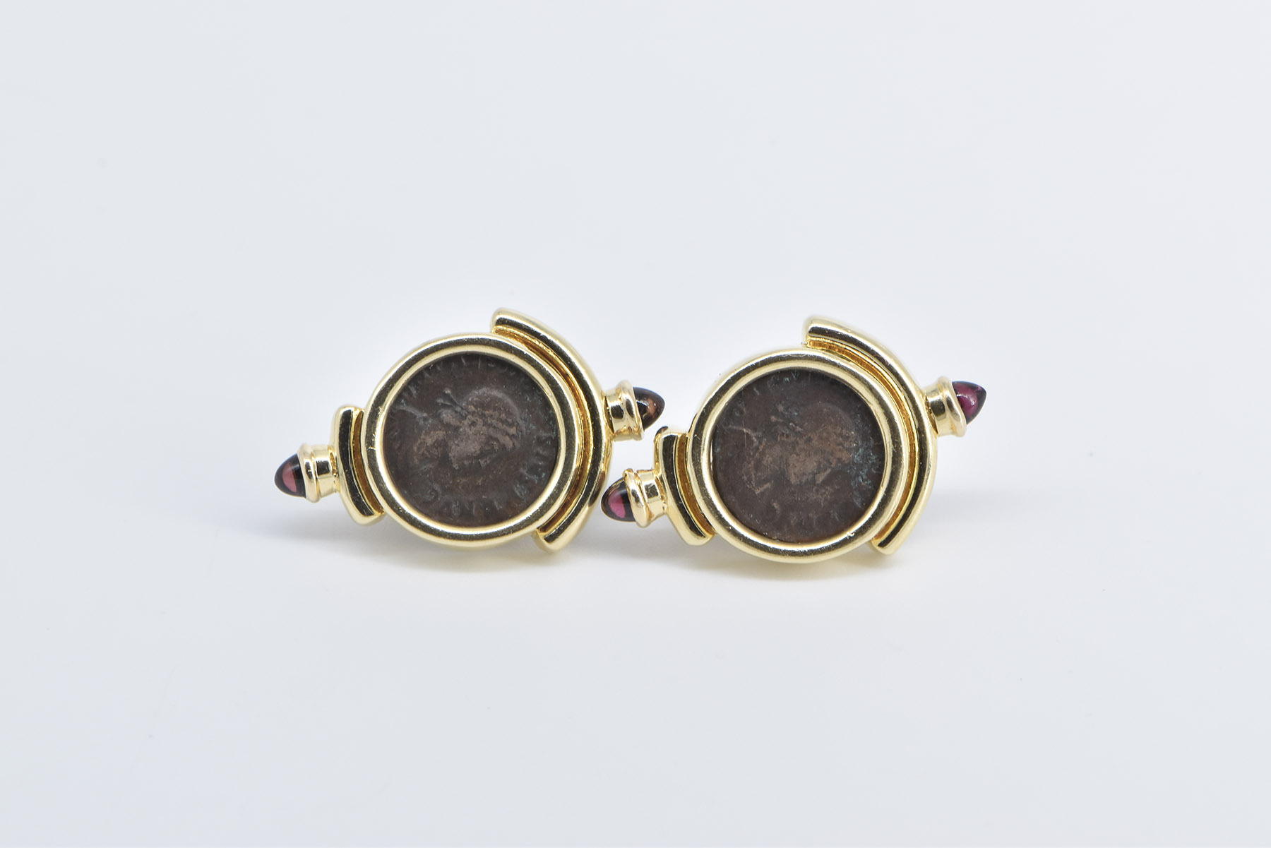 14K Ancient Roman Coin Garnet French Clip Yellow Gold Earrings