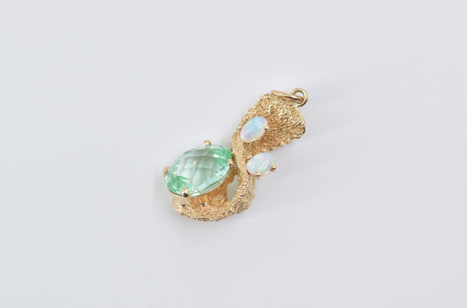 14K Apatite Opal Vintage Freeform Textured Yellow Gold Pendant