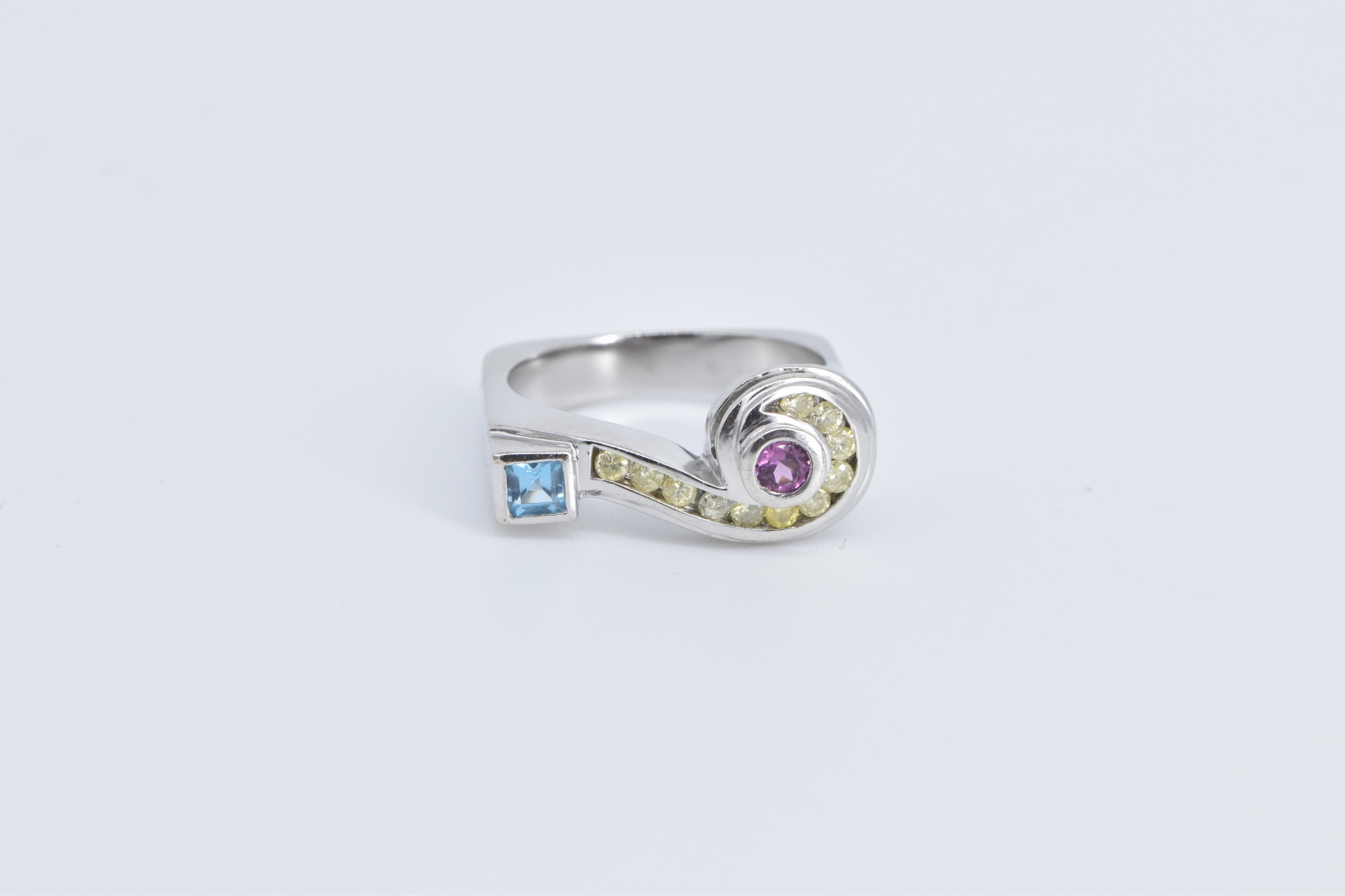 14K Aquamarine Tourmaline Diamond Question Mark White Gold Ring, Size 6.75