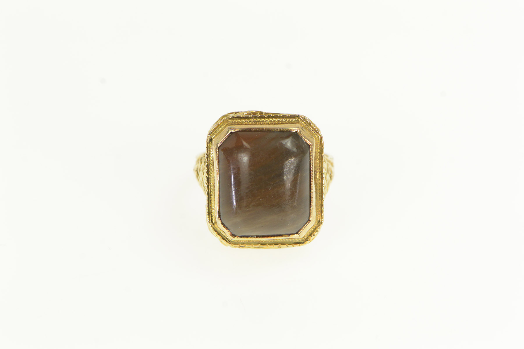 14K Art Deco Brown Agate Cabochon Ornate Filigree Yellow Gold Ring, Size 5.75
