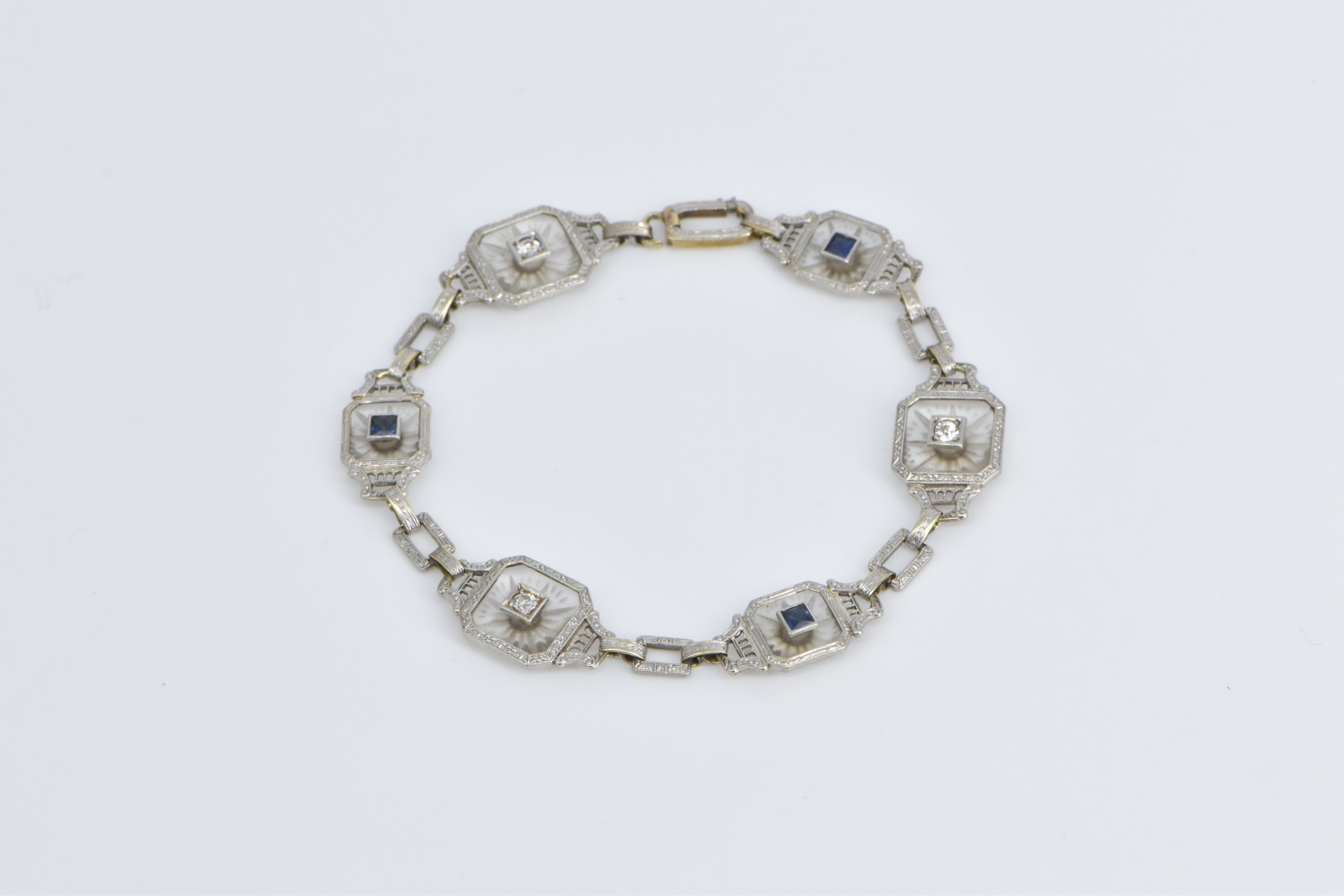 14K Art Deco Diamond Camphor Glass Syn Sapphire White Gold Bracelet 7"