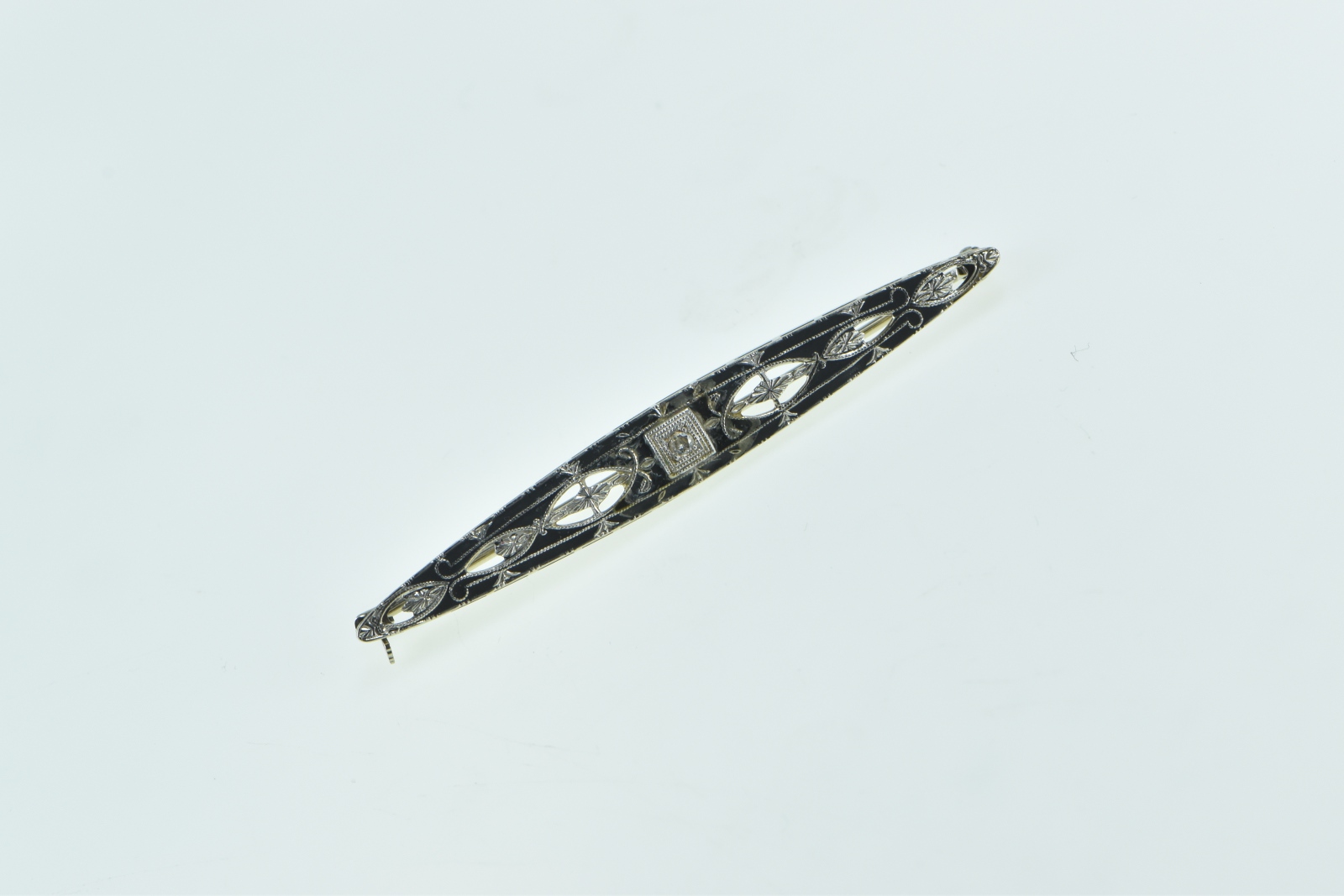 14K Art Deco Diamond Enamel Filigree Ornate Bar White Gold Pin/Brooch