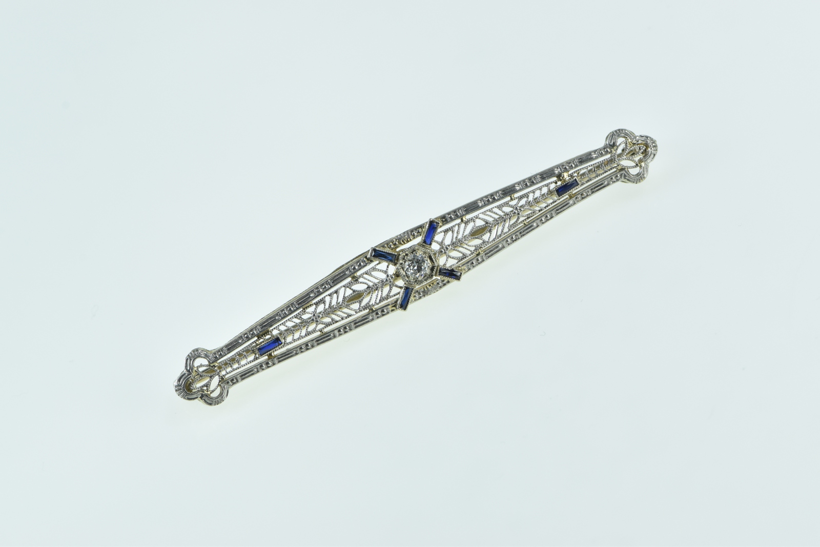 14K Art Deco Diamond Sapphire Filigree Bar White Gold Pin/Brooch