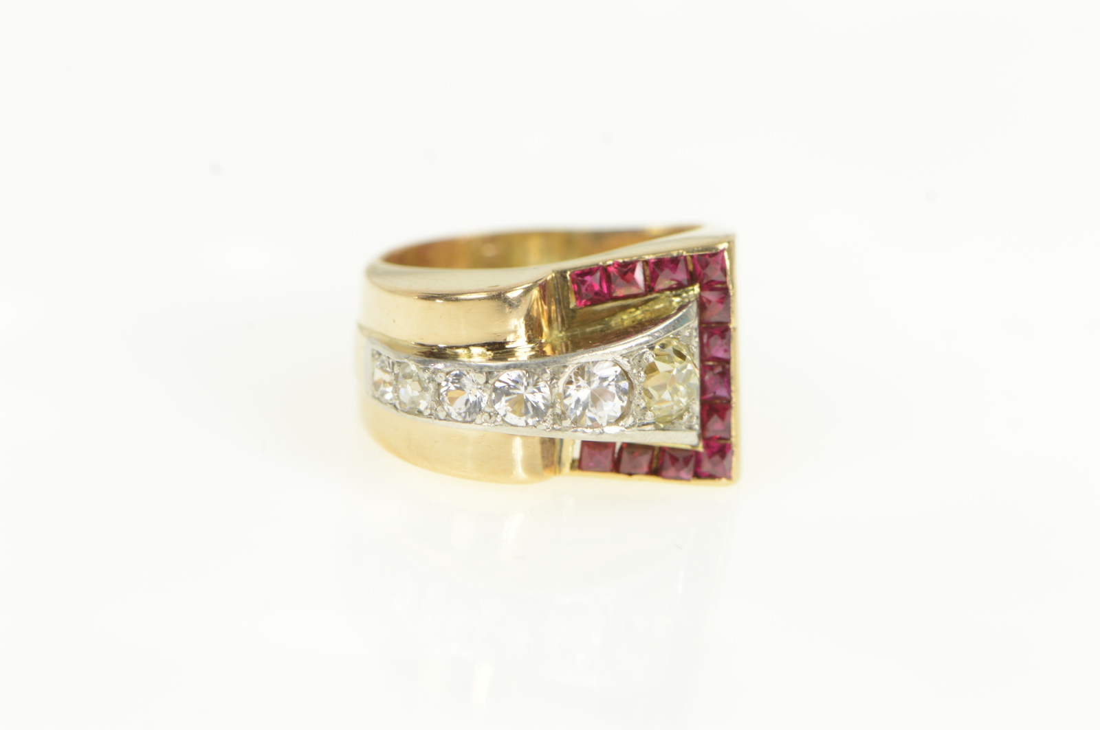 14K Art Deco Diamond Sapphire Ruby Buckle Yellow Gold Ring, Size 6.75