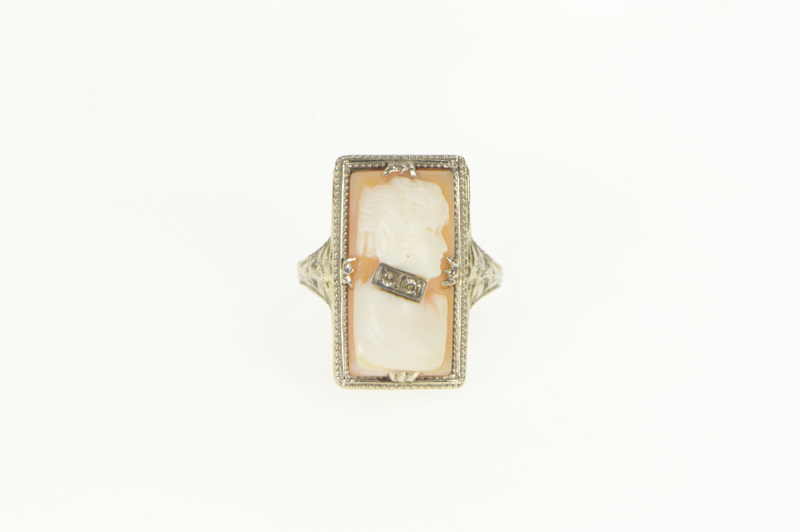14K Art Deco Filigree Carved Shell Cameo Diamond White Gold Ring, Size 6.25