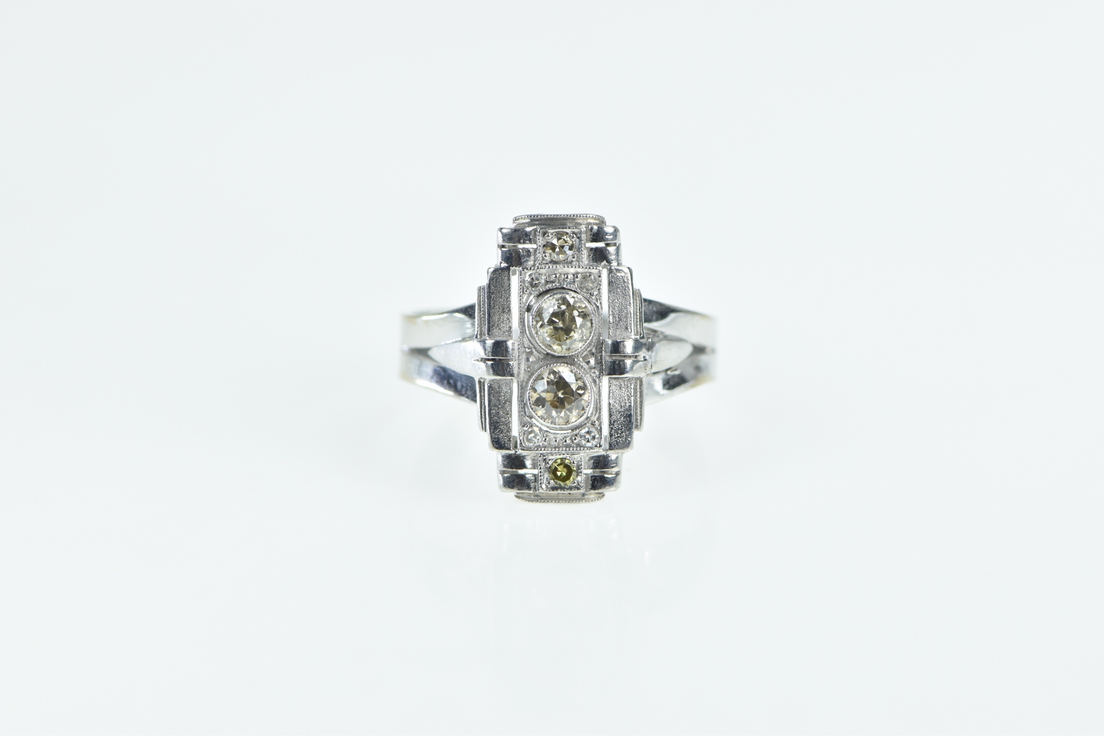 14K Art Deco OEC Diamond Engagement White Gold Ring, Size 8.25