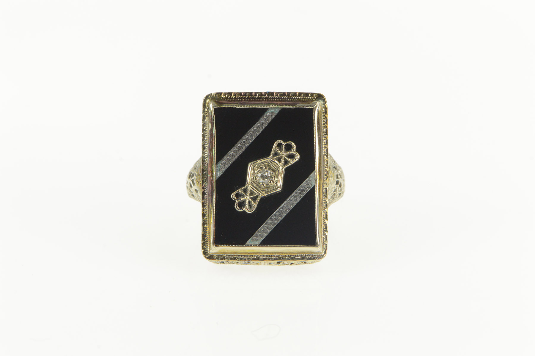 14K Art Deco Onyx Diamond Pinstripe Statement White Gold Ring, Size 6