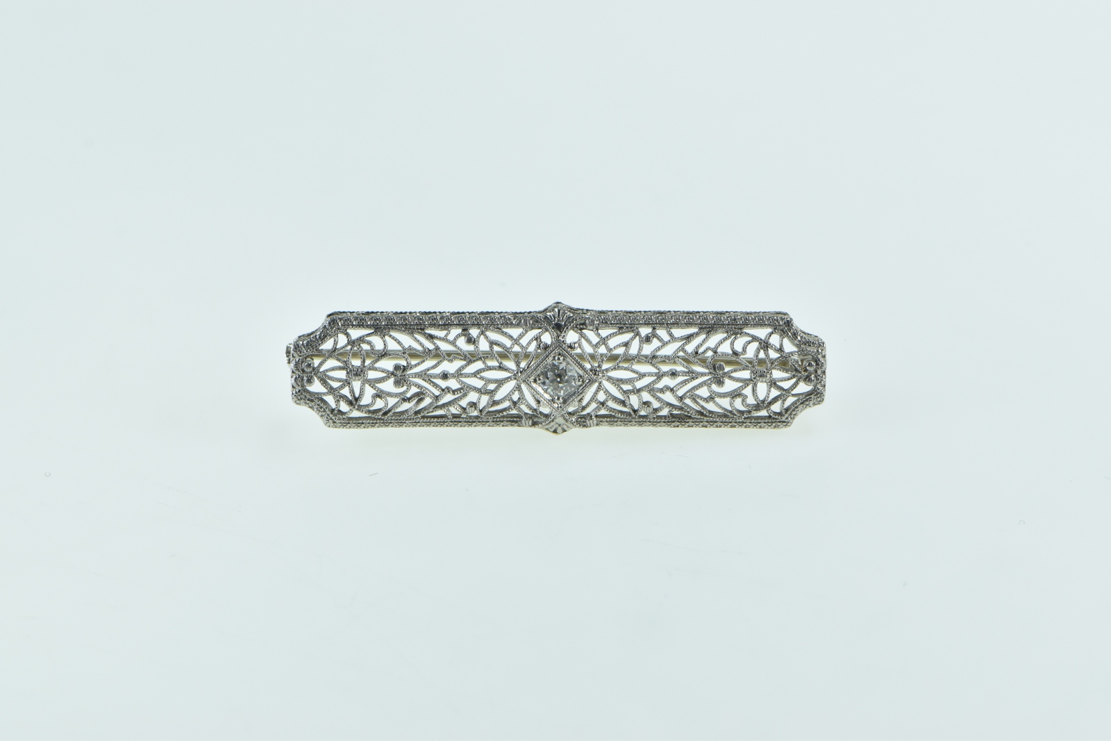 14K Art Deco Ornate Filigree Diamond Statement White Gold Pin/Brooch