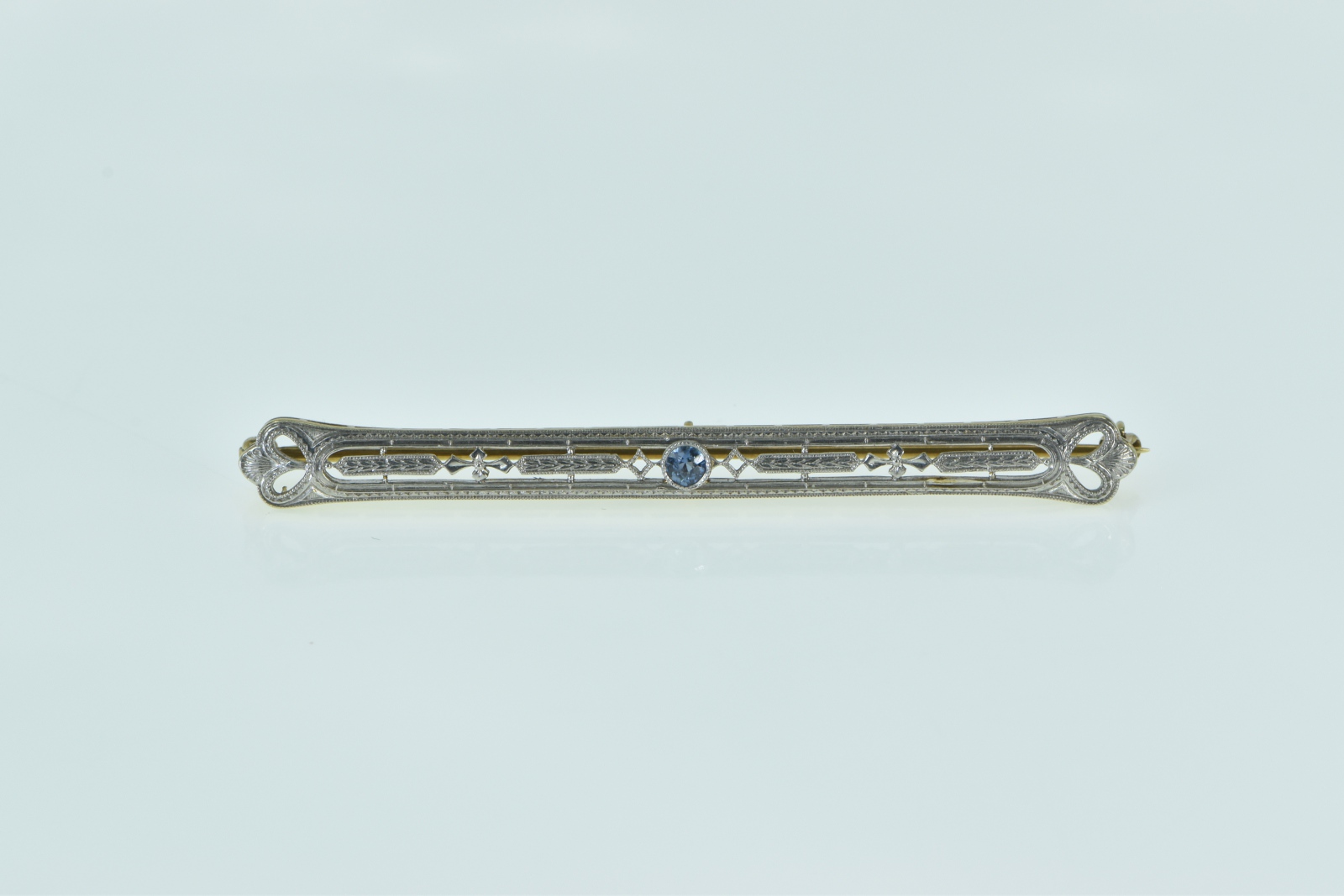 14K Art Deco Ornate Filigree Syn. Sapphire Bar Yellow Gold Pin/Brooch
