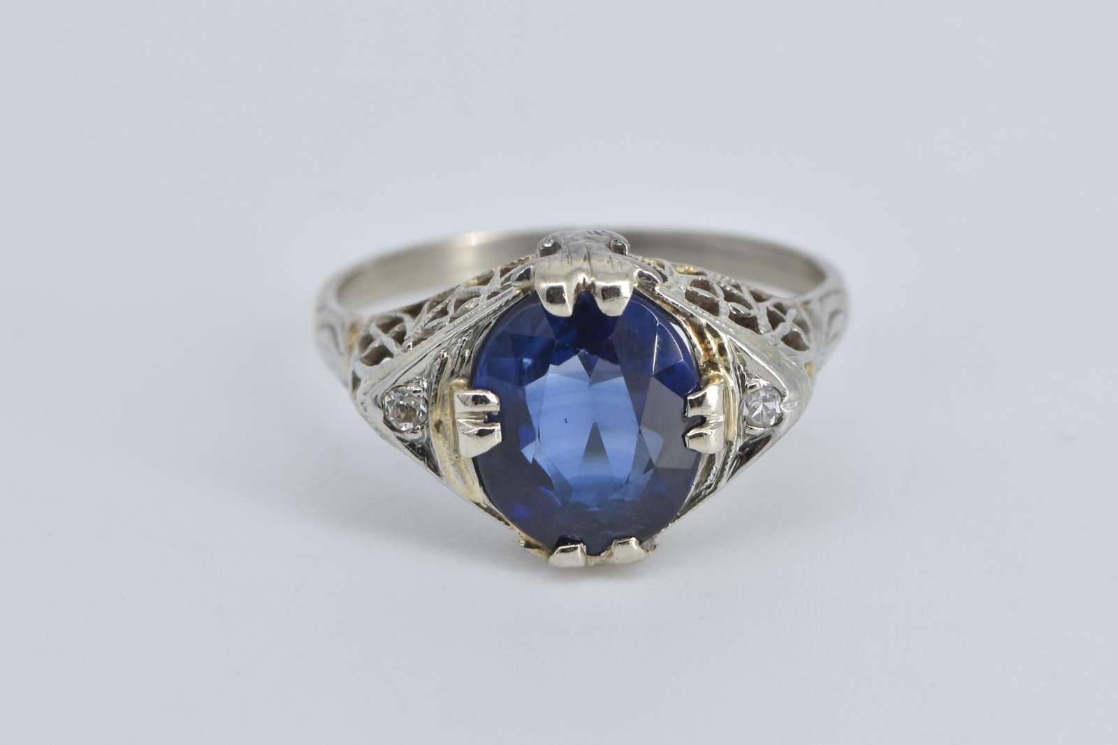 14K Art Deco Oval Filigree Syn. Sapphire White Gold Ring, Size 8