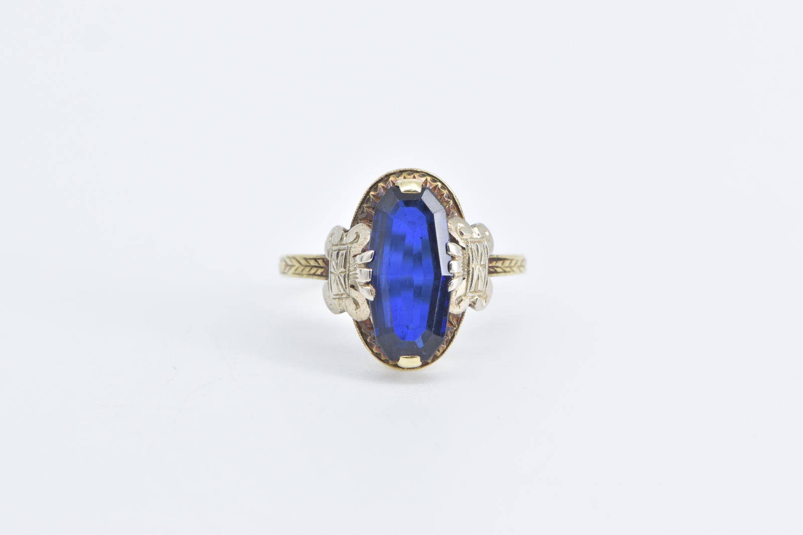 14K Art Deco Syn. Sapphire Ornate Two Tone Yellow Gold Ring, Size 4.25