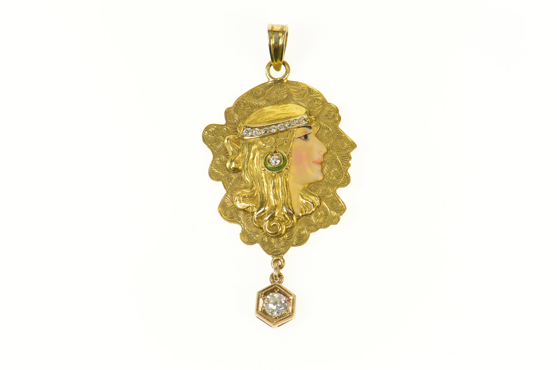 14K Art Nouveau Enamel Lady Etched Elaborate Yellow Gold Pendant