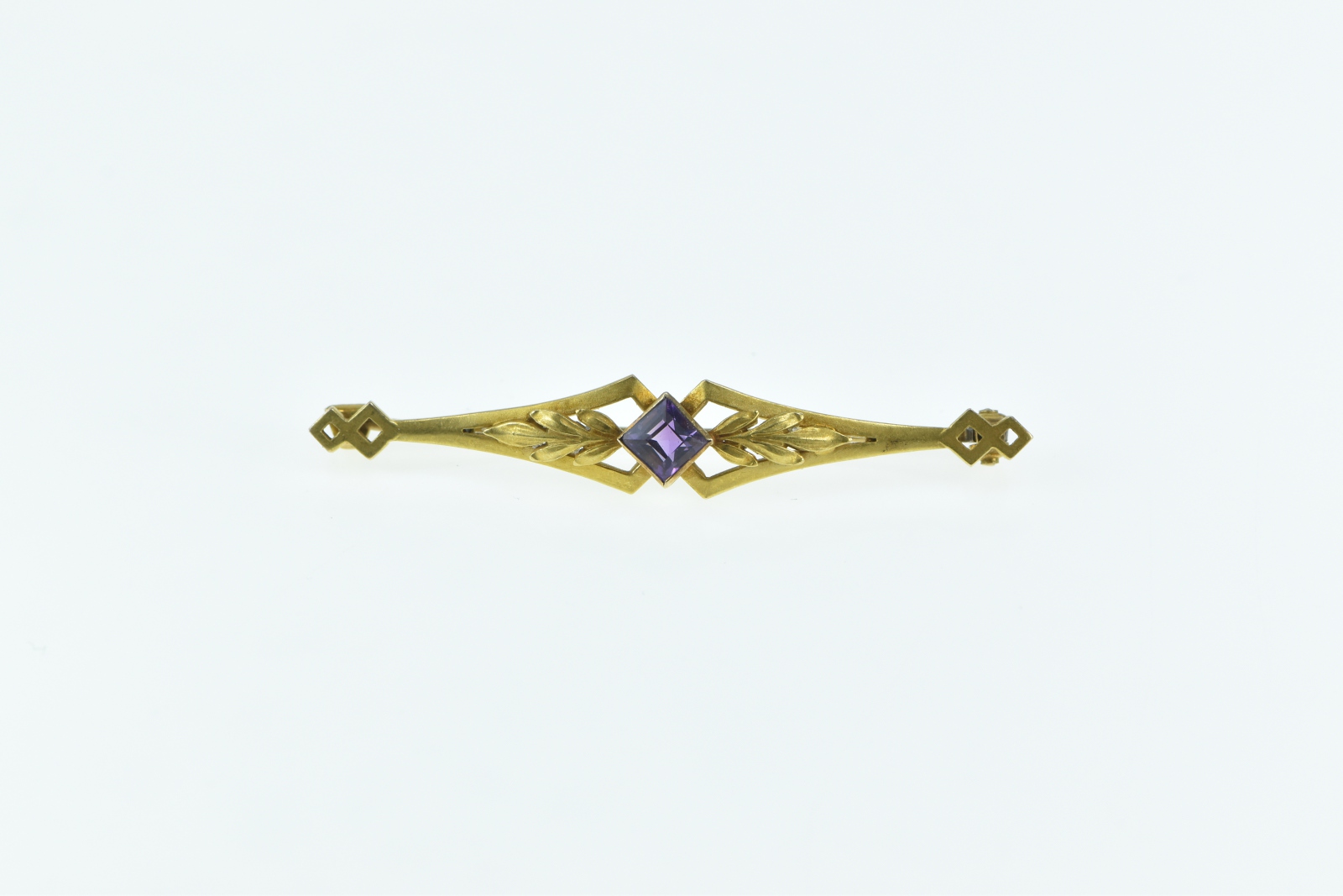 14K Art Nouveau Princess Amethyst Floral Leaf Yellow Gold Pin/Brooch