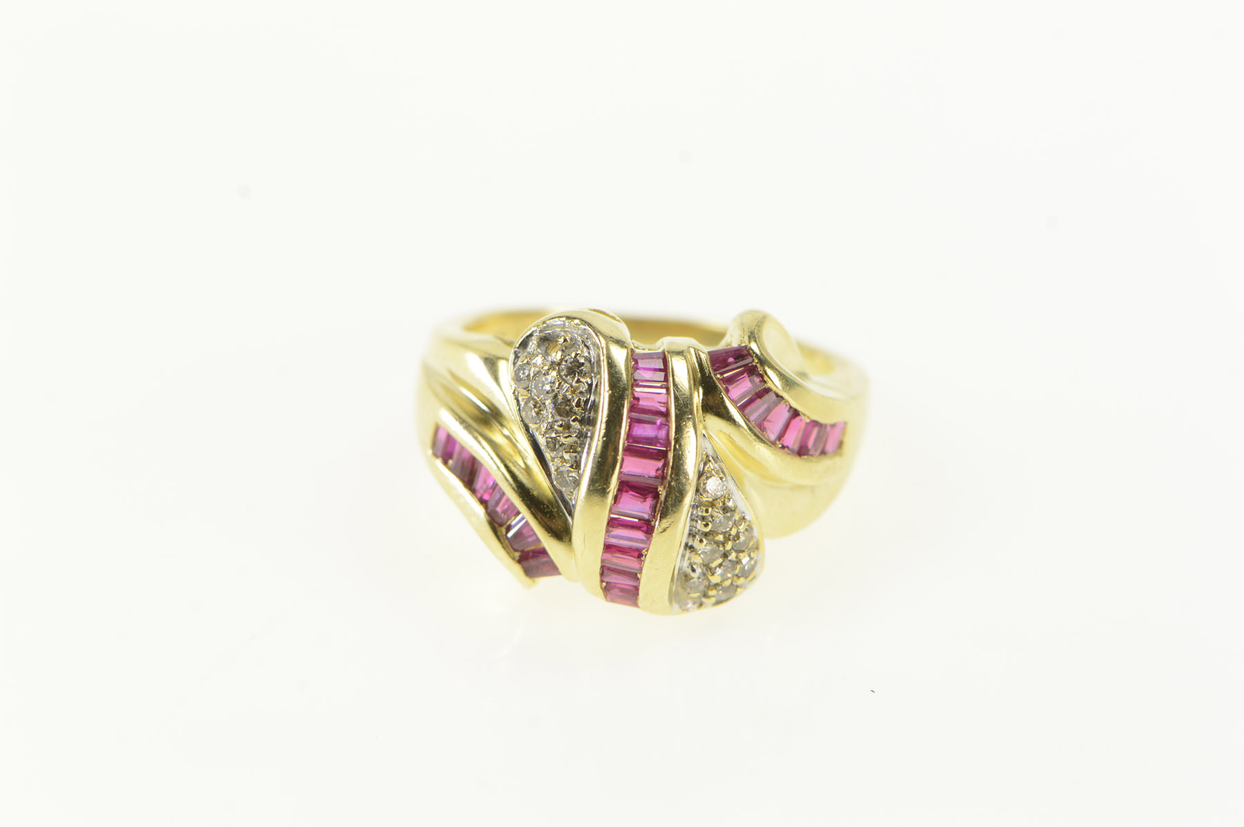 14K Baguette Ruby Diamond Pave Wave Statement Yellow Gold Ring, Size 6