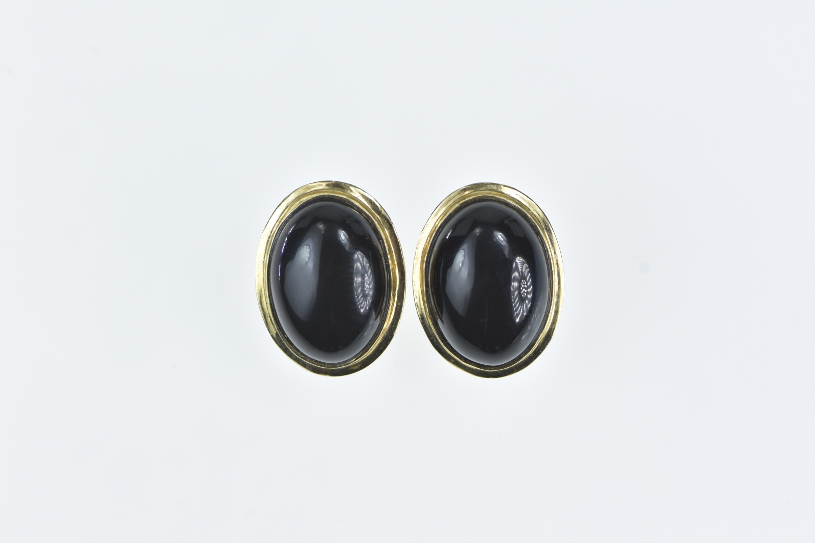 14K Black Onyx Cabochon Vintage French Clip Yellow Gold Earrings