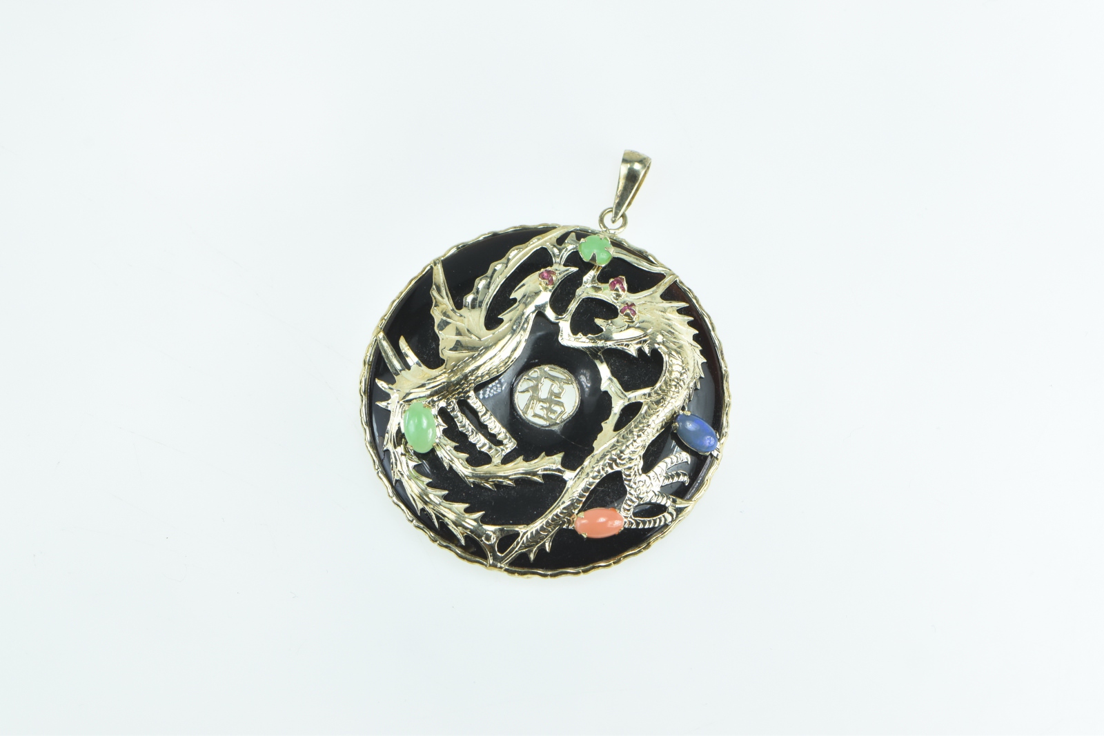 14K Black Onyx Chinese Dragon Bi Ornate Yellow Gold Pendant