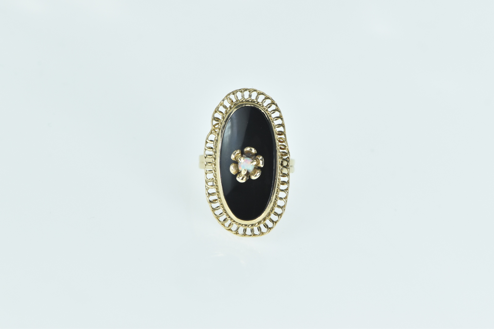 14K Black Onyx Opal Filigree Halo Statement Yellow Gold Ring, Size 5.75