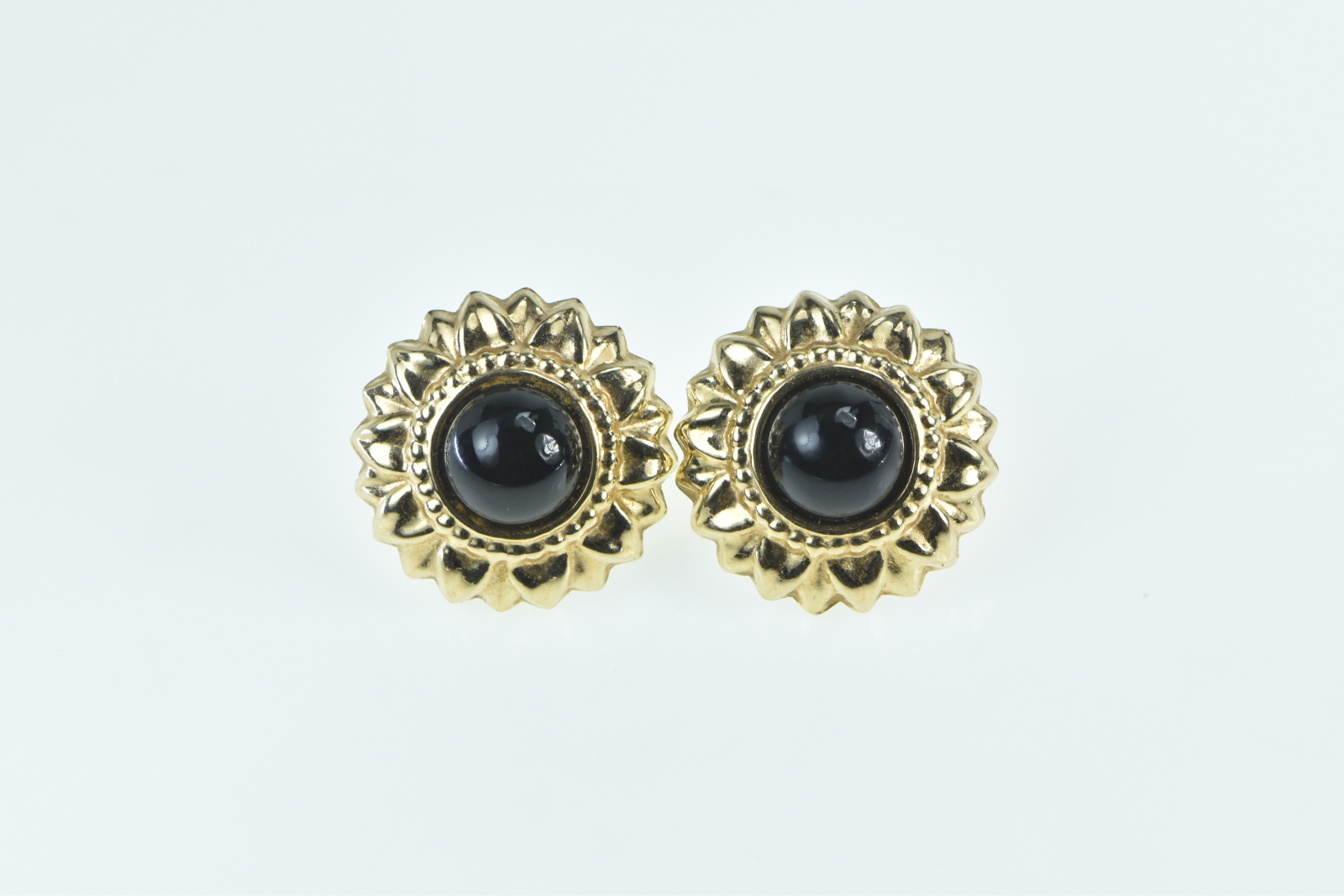 14K Black Onyx Puffy Sunflower Black Eyed Susan Yellow Gold Earrings