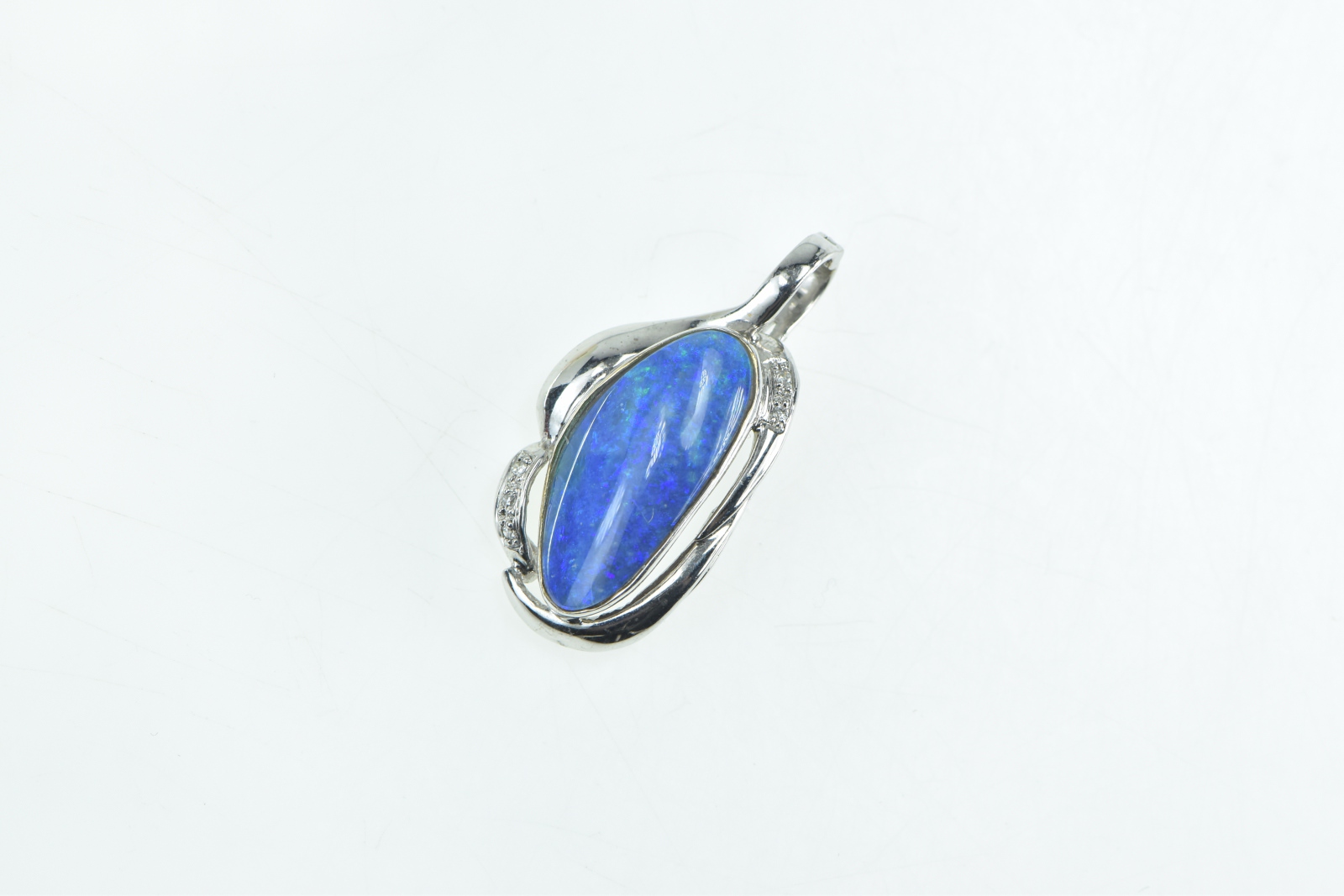 14K Black Opal Diamond Accent Curvy Statement White Gold Pendant
