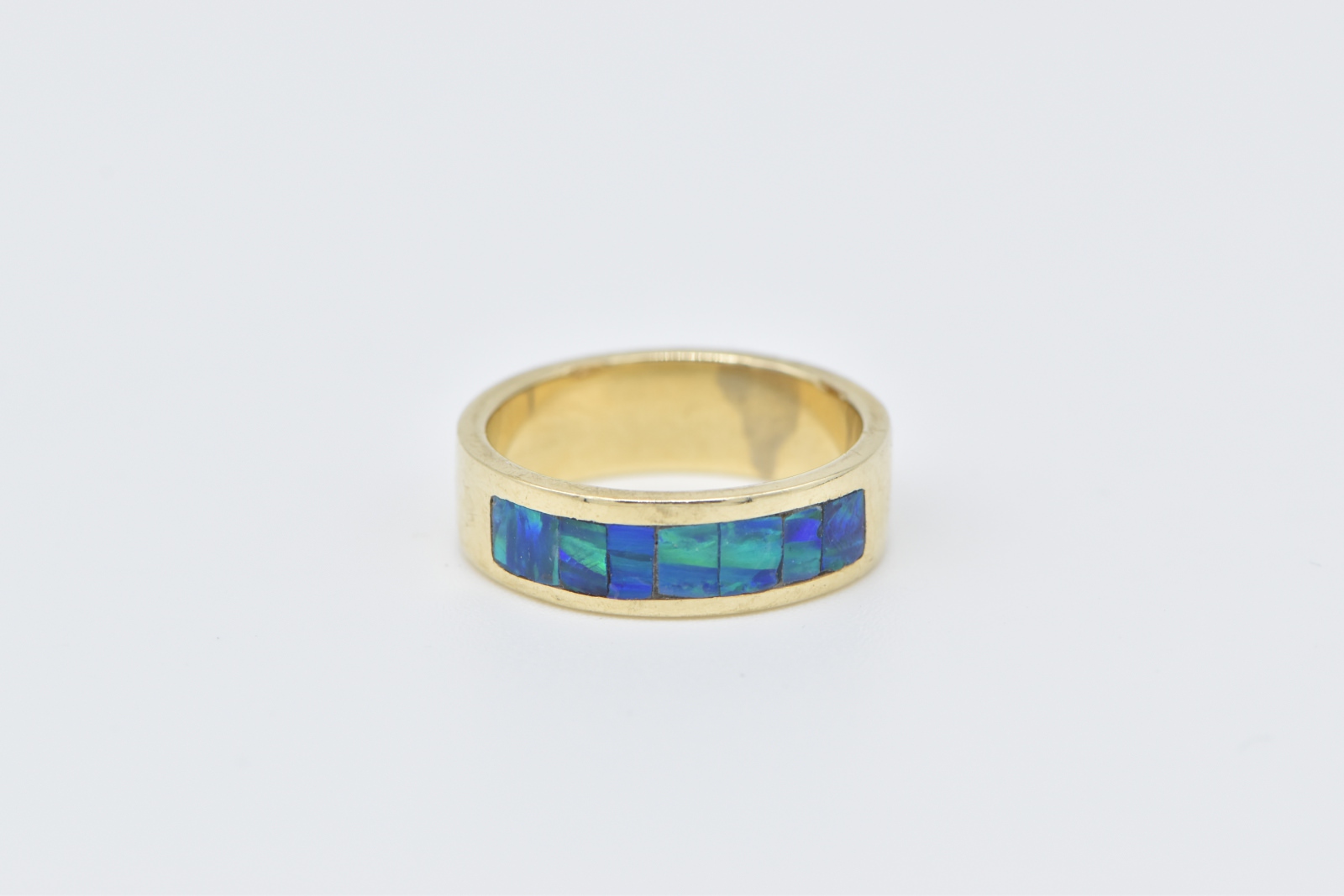 14K Black Opal Inlay Vintage Statement Band Yellow Gold Ring, Size 5.25