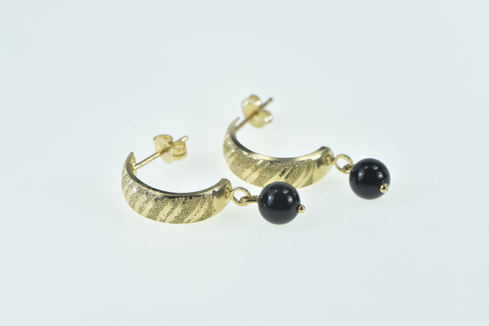 14K Black Sphere Dangle Curved Drop Yellow Gold Earrings