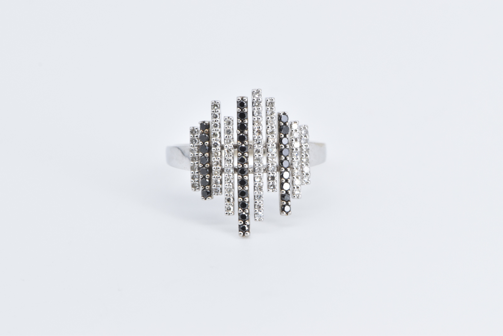 14K Black & White Diamond Staggered Bar Statement White Gold Ring, Size 10
