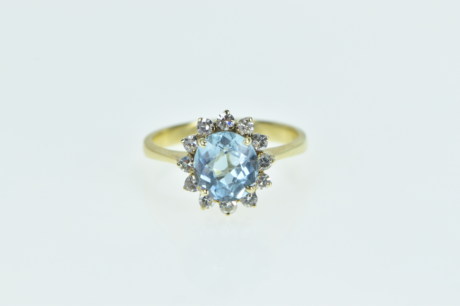 14K Blue Topaz Diamond Halo Classic Statement Yellow Gold Ring, Size 7.25